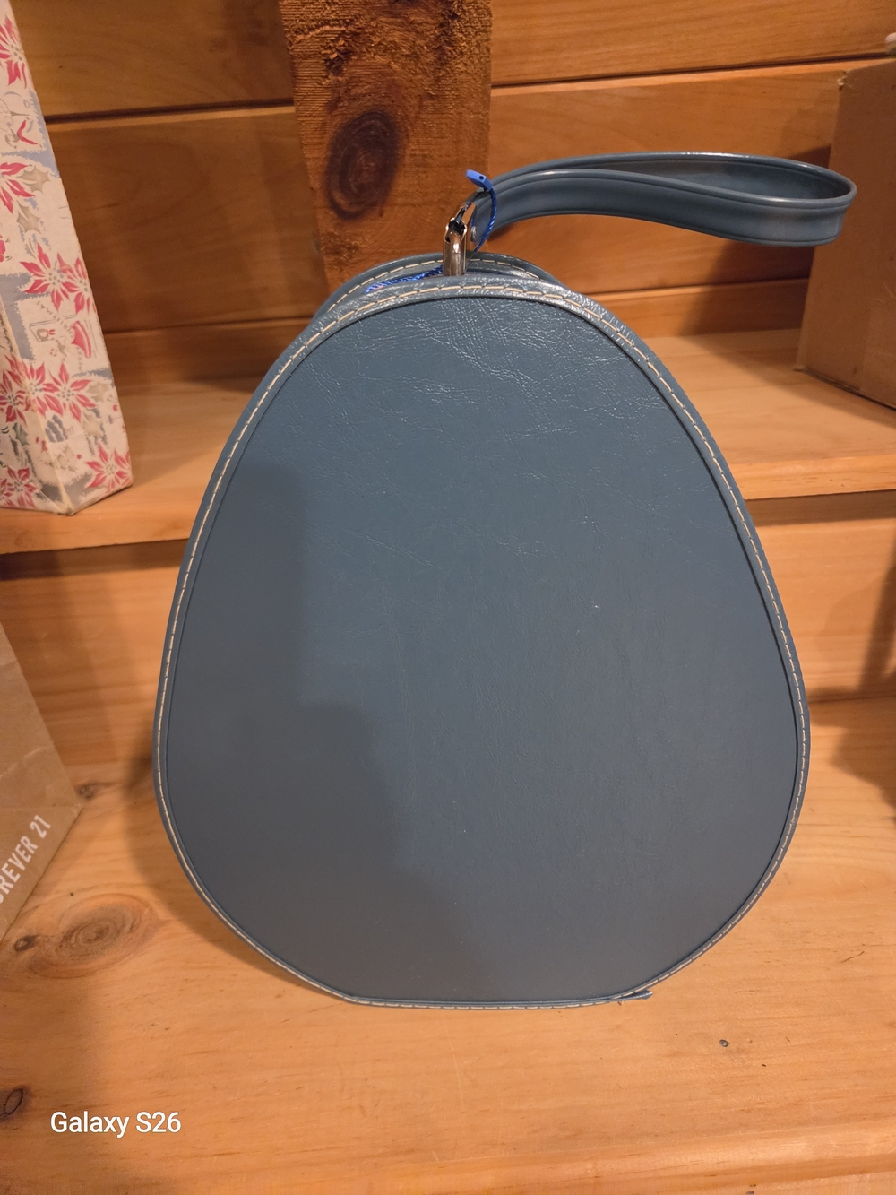Blue Leatherette Tear Drop Hat Box. Never Used Vintage